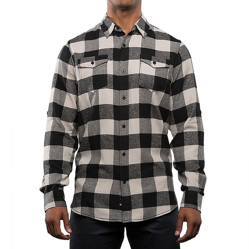 Burnside B8210 Men's Flannel Shirt M Ecru Black Buffalo Plaid Cabincore NWT
